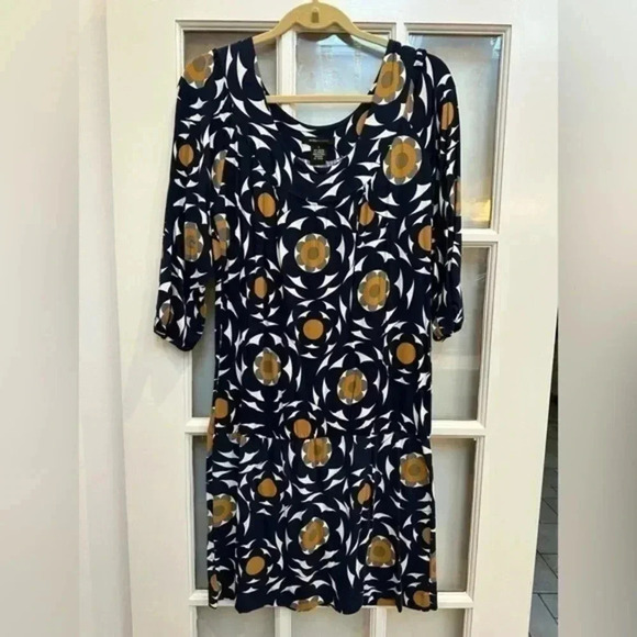 Vintage Y2K BCBGMAXAZRIA Navy Gold  Stretchy Retro Tunic Shift Dress Size Large - Picture 2 of 8